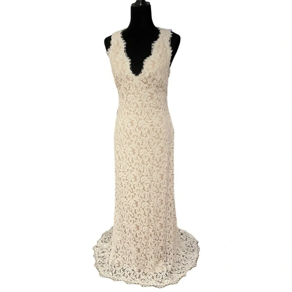 Anthropologie BHLDN Tadashi Shoji Lace Wedding Gown Cream White size 8 - Picture 1 of 13